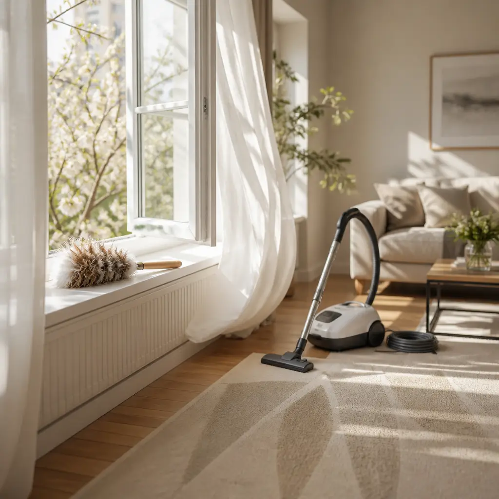 Cleaner wiping down a bright kitchen counter during a recurring visit