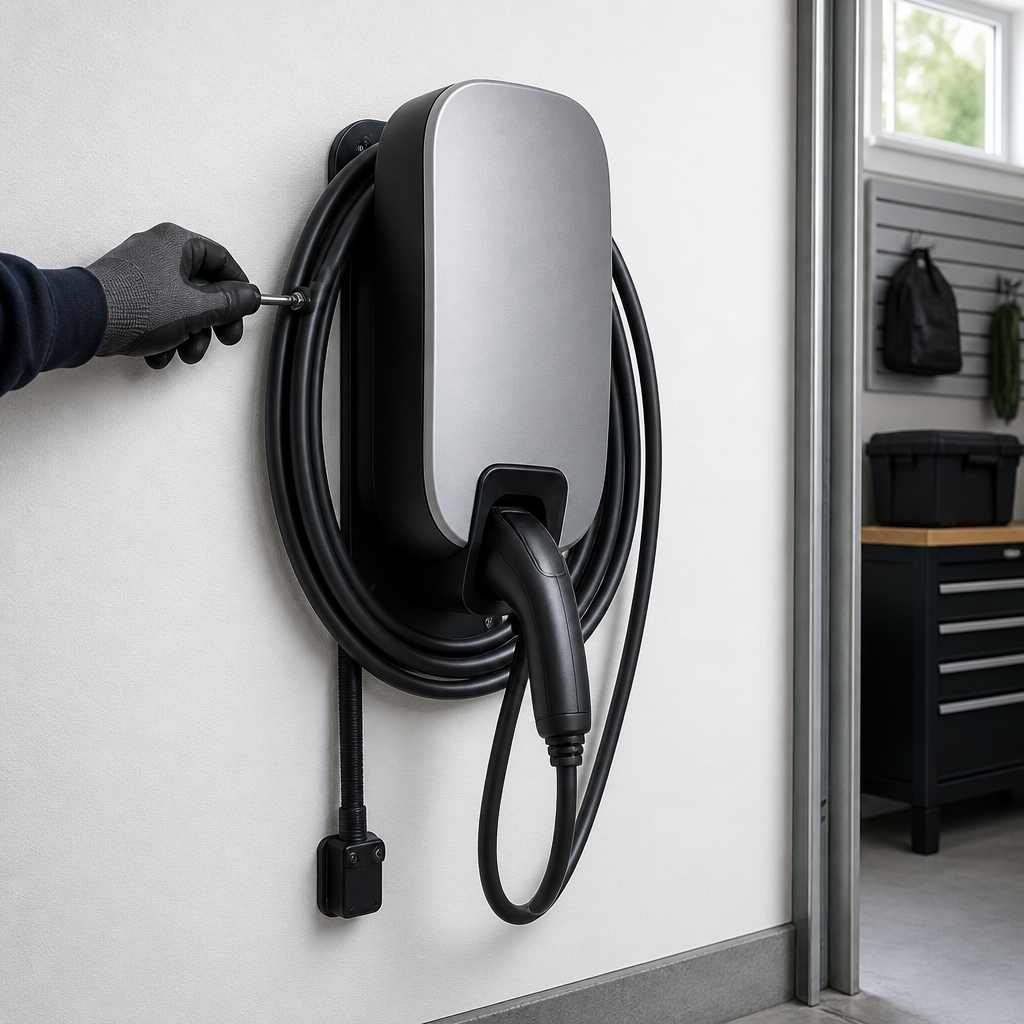 Level 2 EV charging station mounted in a residential garage
