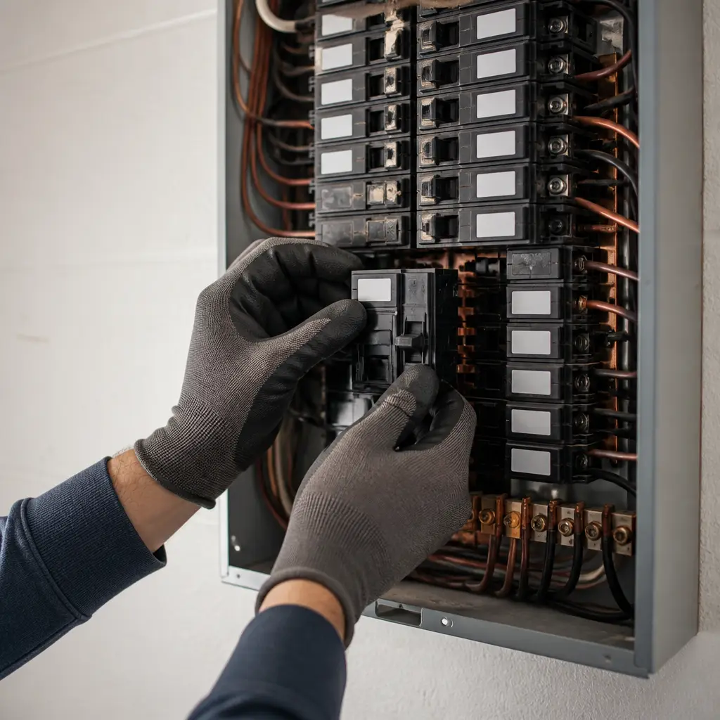 Electrician installing a new circuit breaker panel