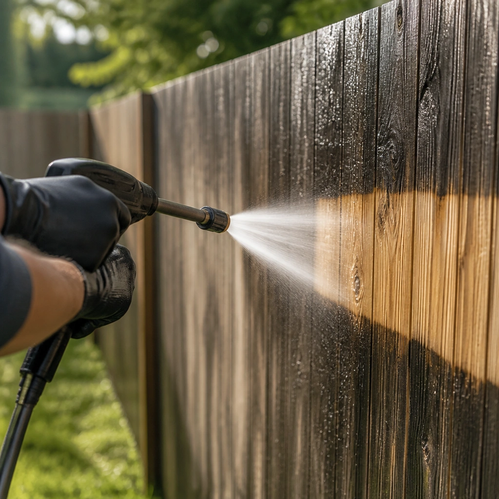 Crew member staining a weathered wood fence back to color
