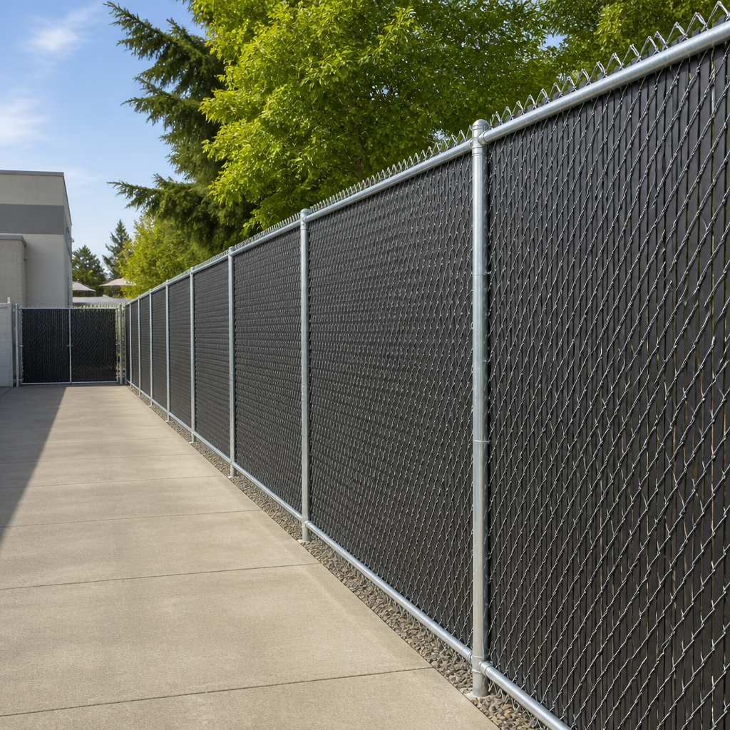 Black powder-coated ornamental aluminum fence along a front yard