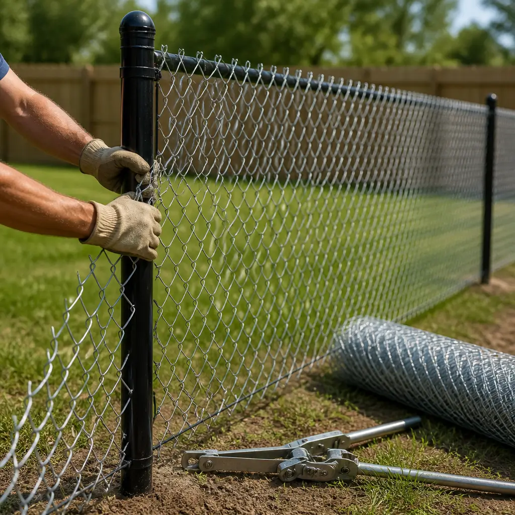 Freshly stretched chain-link fence around a residential yard