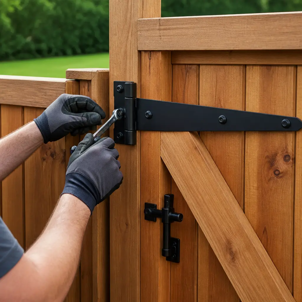 Custom wooden driveway gate with black steel hardware