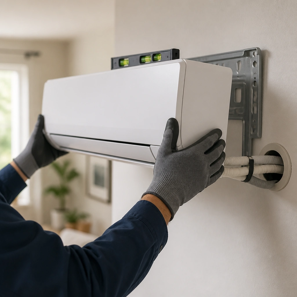 Technician mounting a ductless mini-split indoor unit