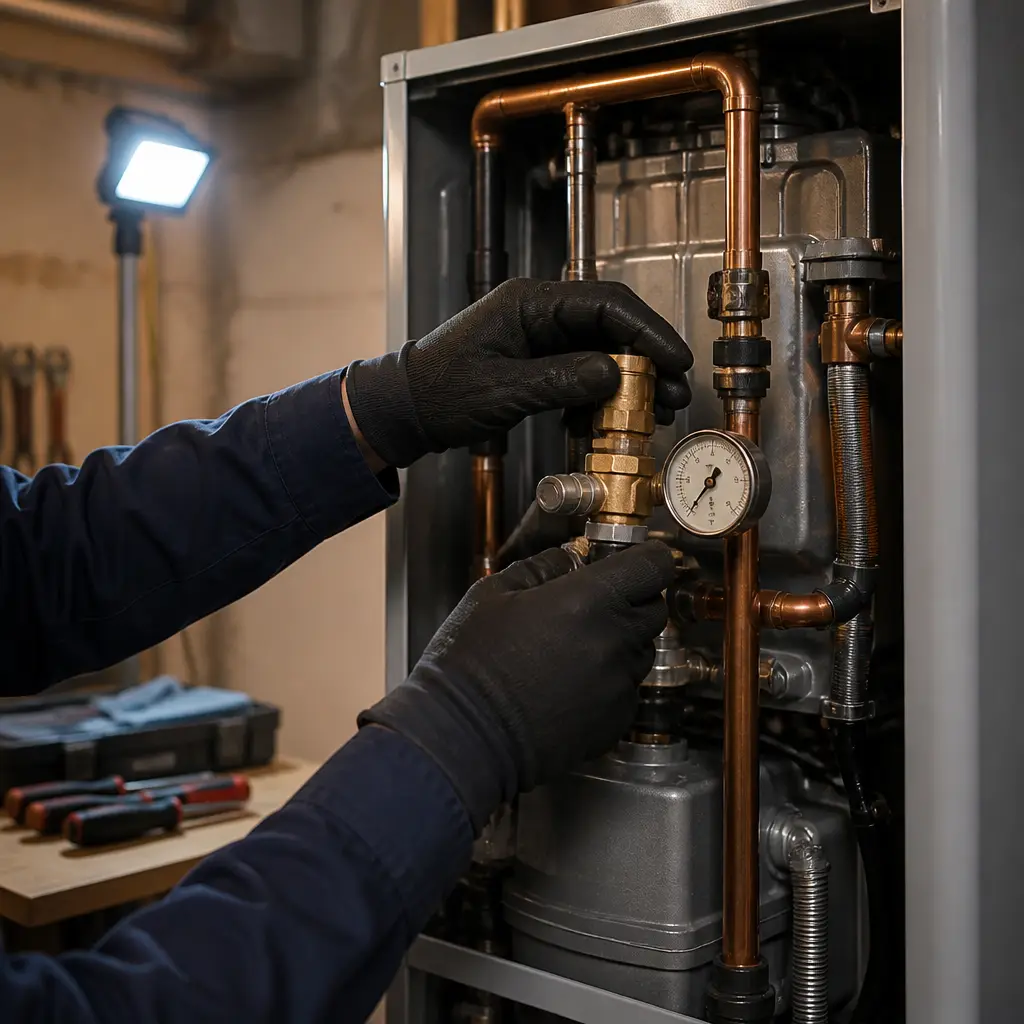 Technician sealing a ductwork joint in a home’s mechanical space