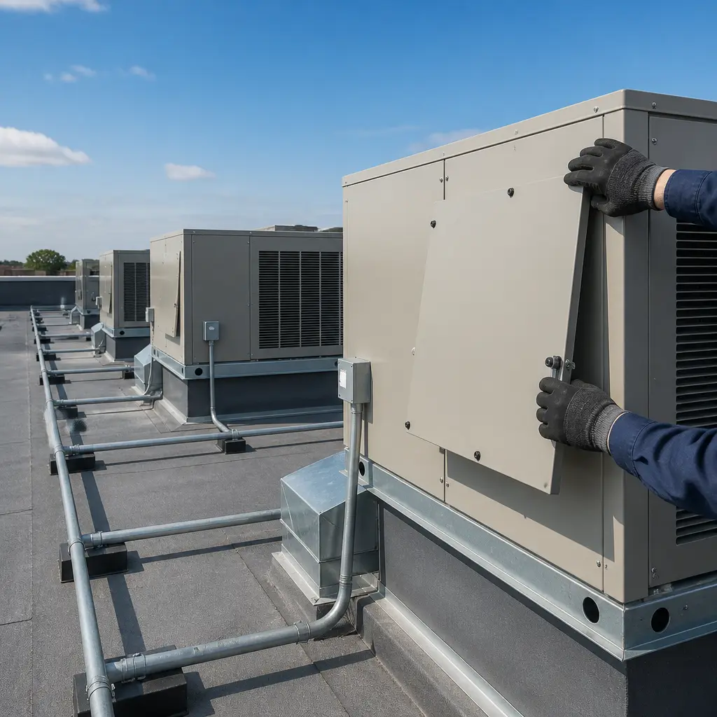 Technician checking refrigerant pressure gauges on an outdoor AC condenser unit