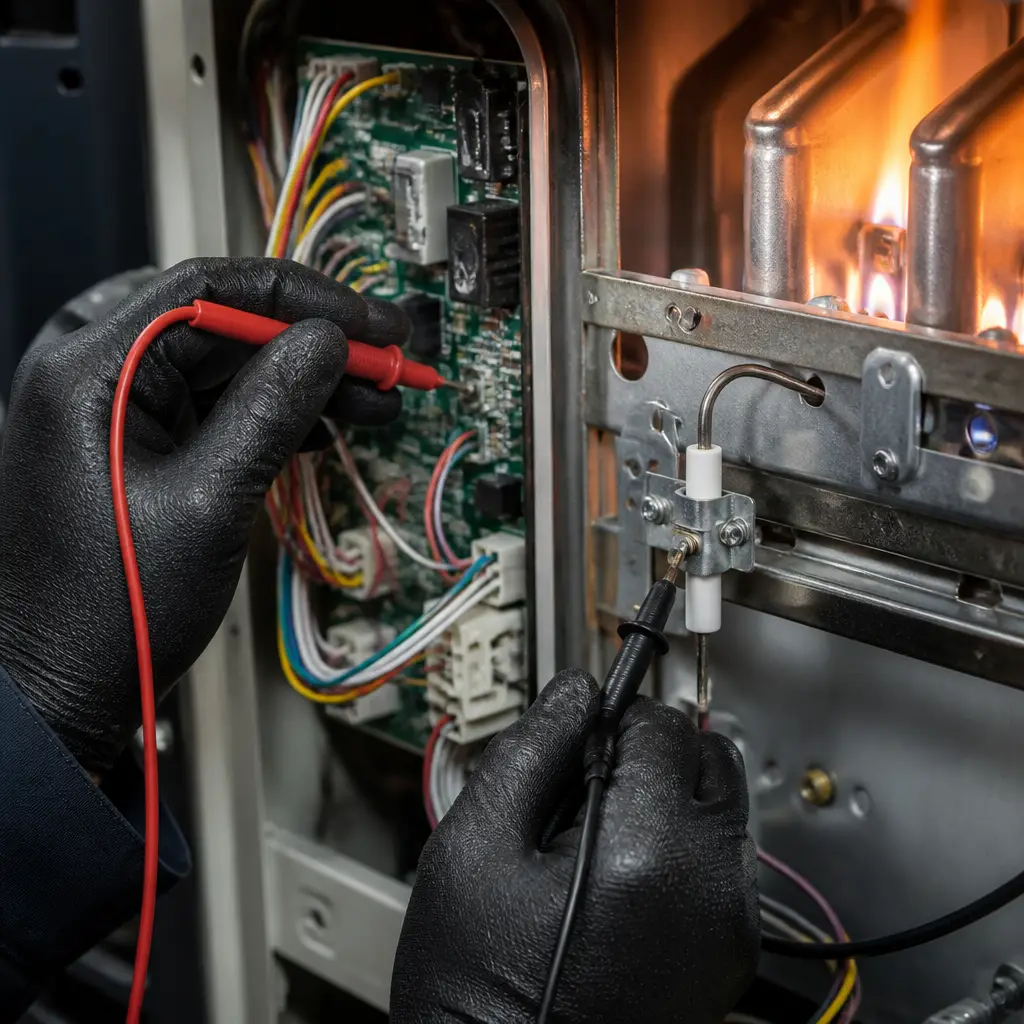 Technician checking refrigerant pressure gauges on an outdoor AC condenser unit
