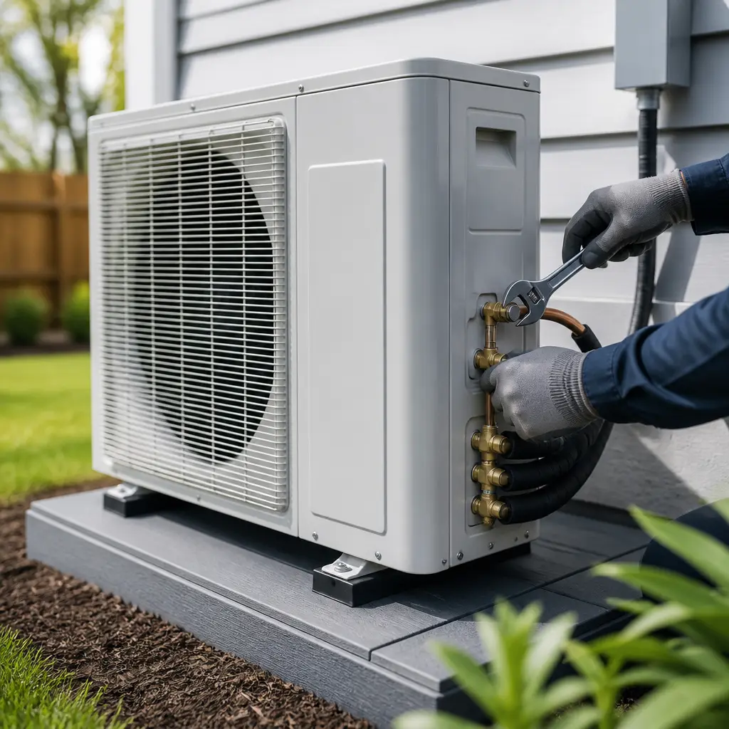 Technician checking refrigerant pressure gauges on an outdoor AC condenser unit