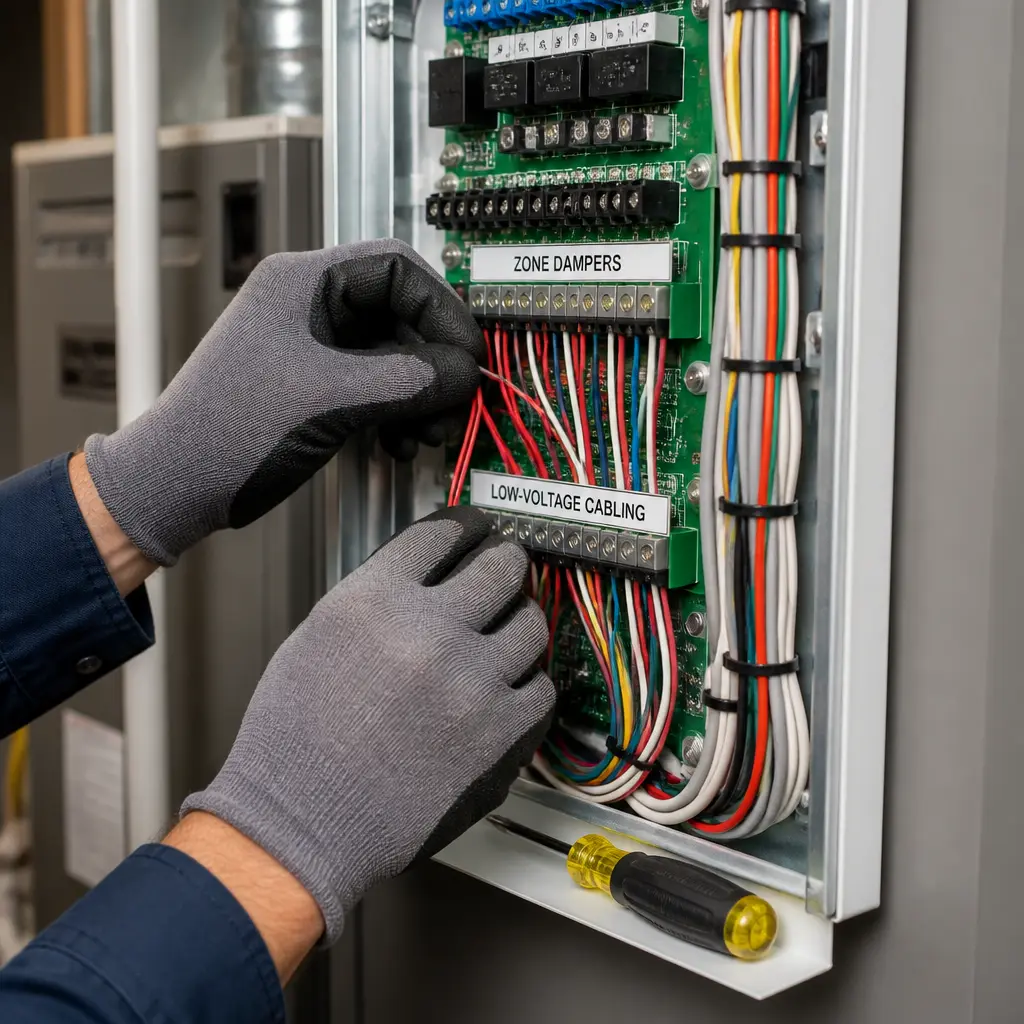 Technician cleaning and sealing ductwork