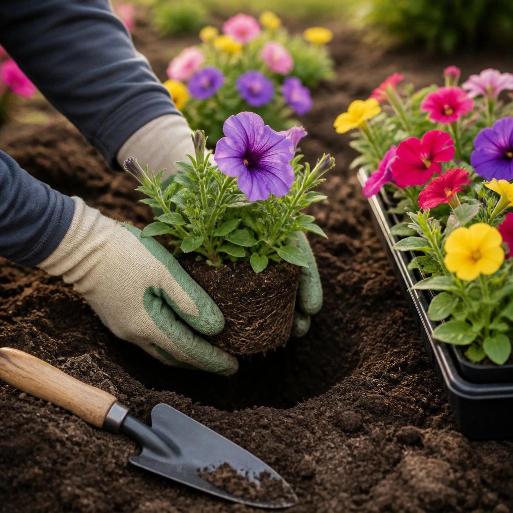 Crew planting flowering perennials in a freshly edged garden bed