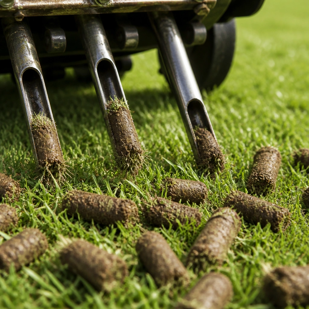 Crew member mowing crisp, even stripes into a healthy lawn