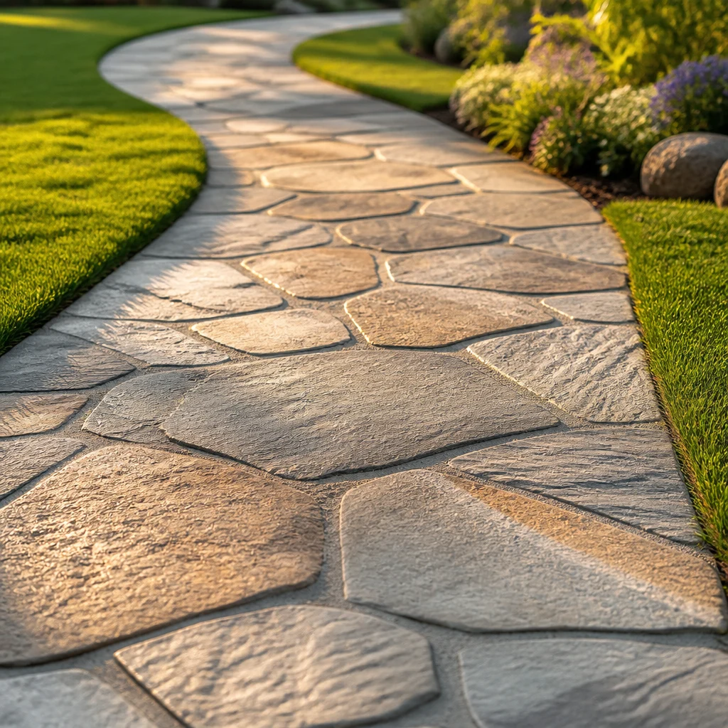 Circular stone fire pit at the center of a paver terrace