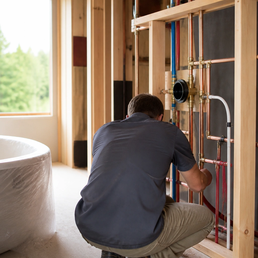 Plumber installing a new toilet in a bathroom