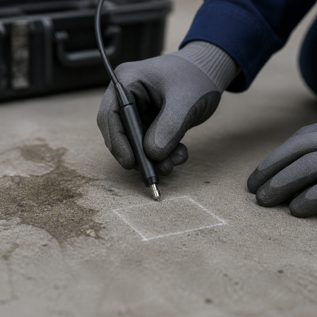 Technician scanning a wall with a leak-detection device
