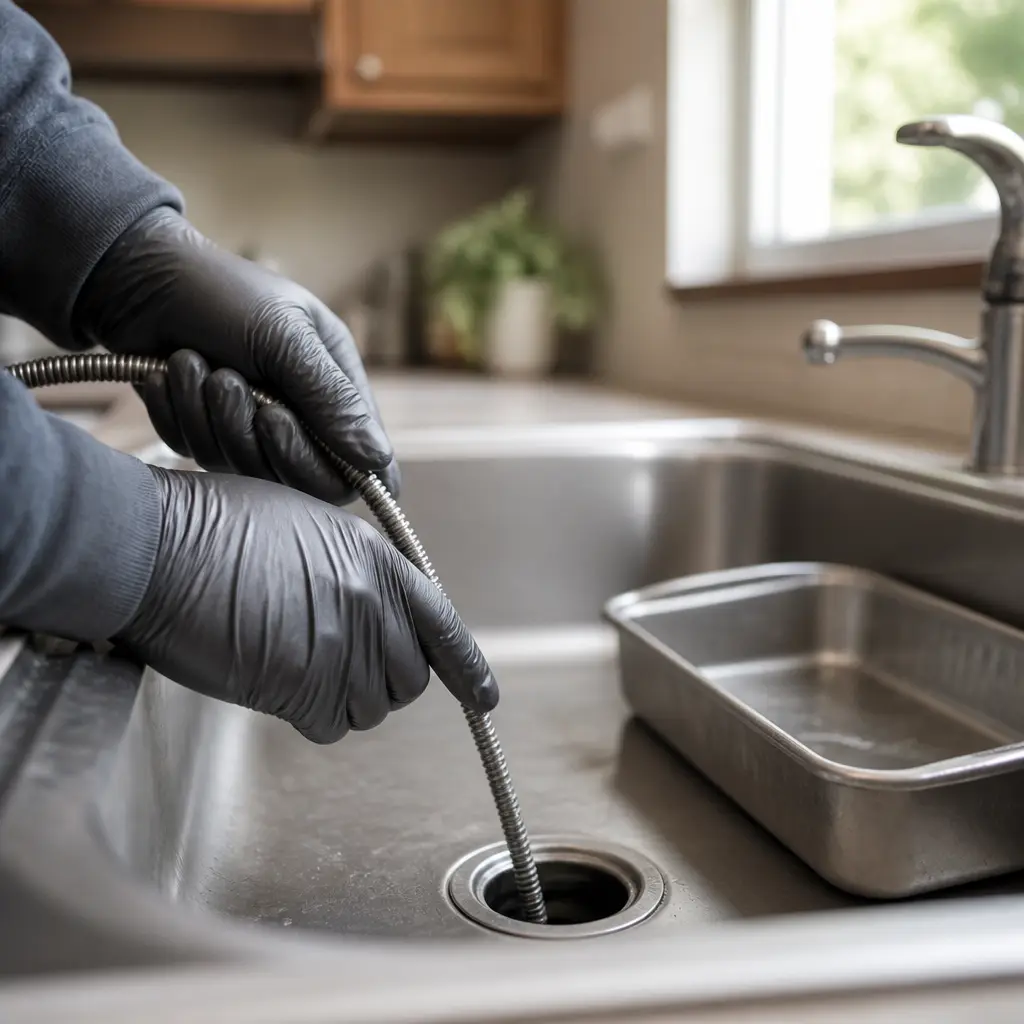 Technician feeding a rooter cable into a residential drain line