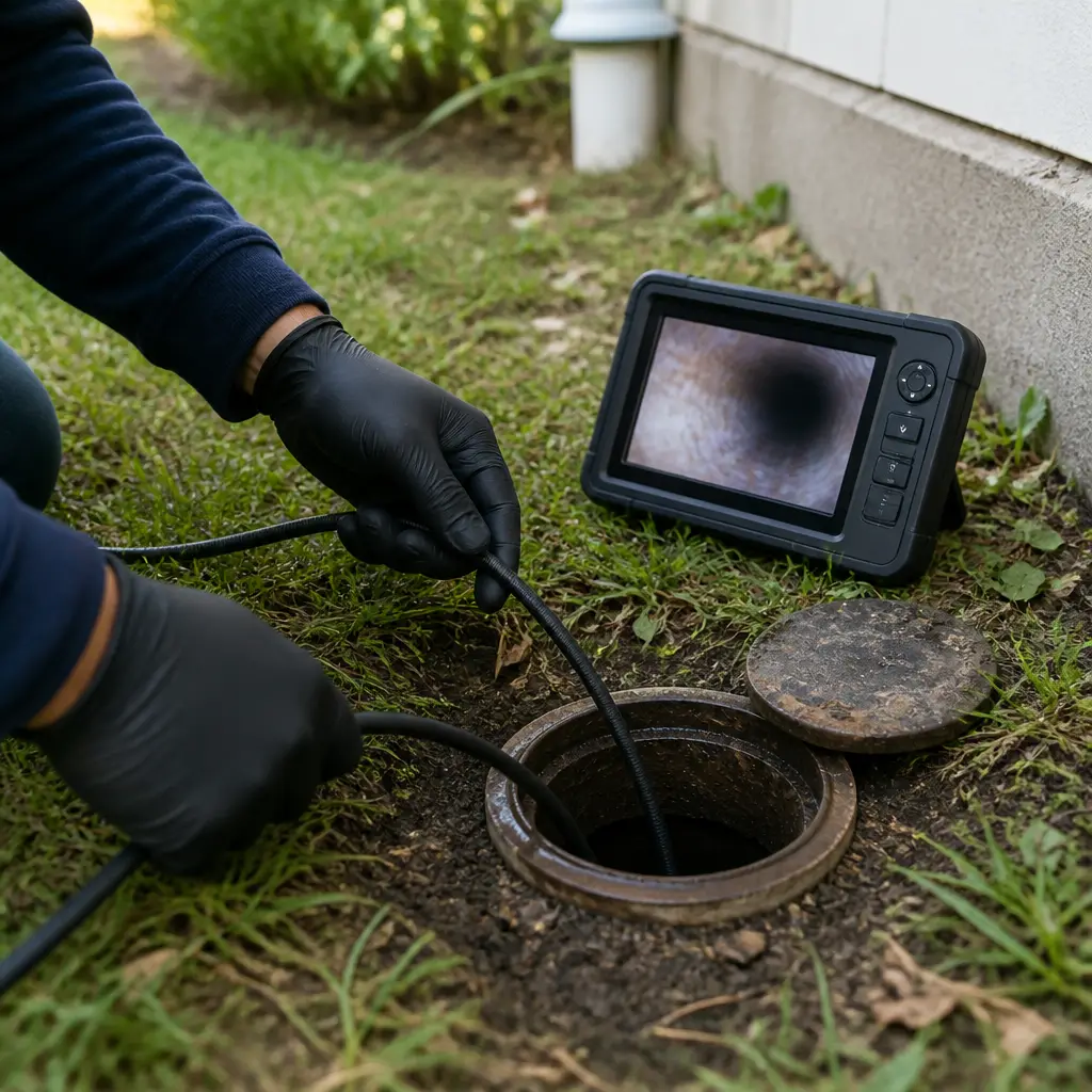 Technician feeding a rooter cable into a residential drain line