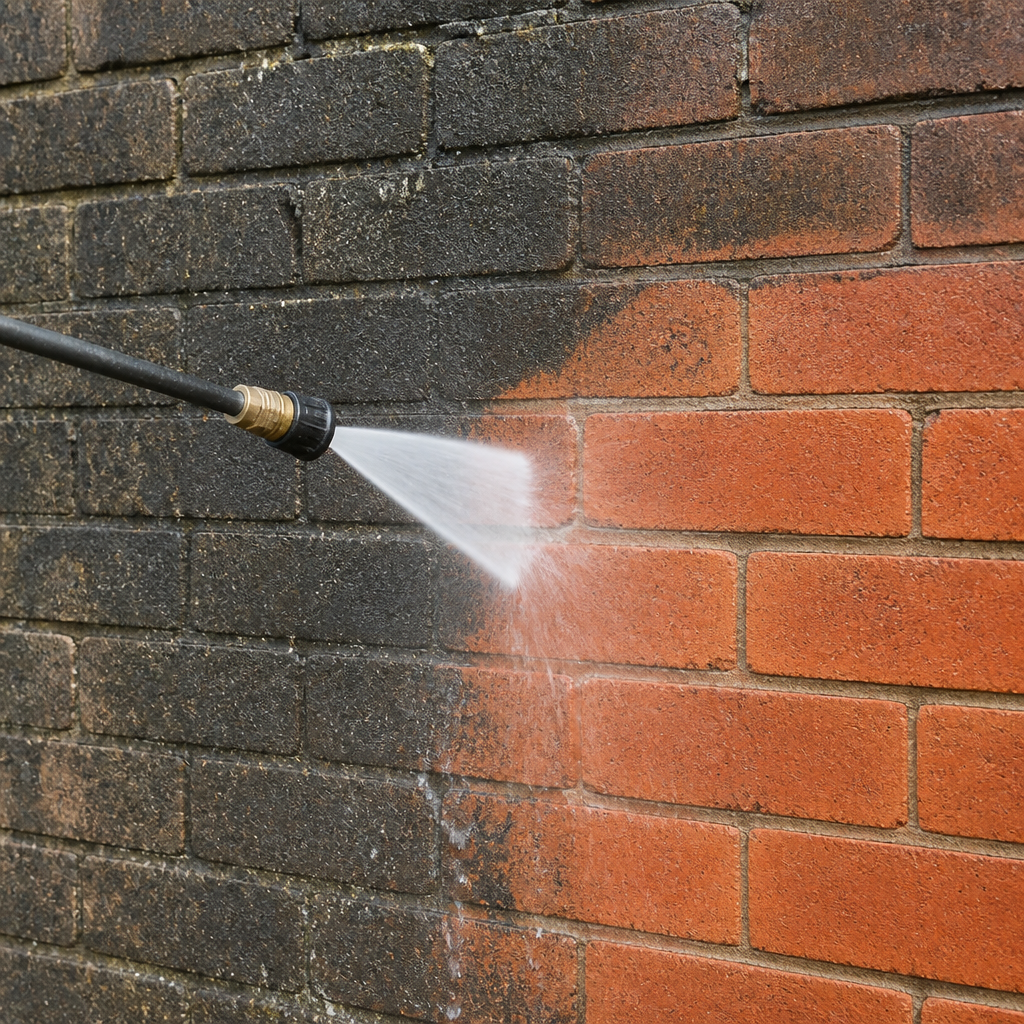 Technician pressure-washing along an elevated deck railing, spray catching the light