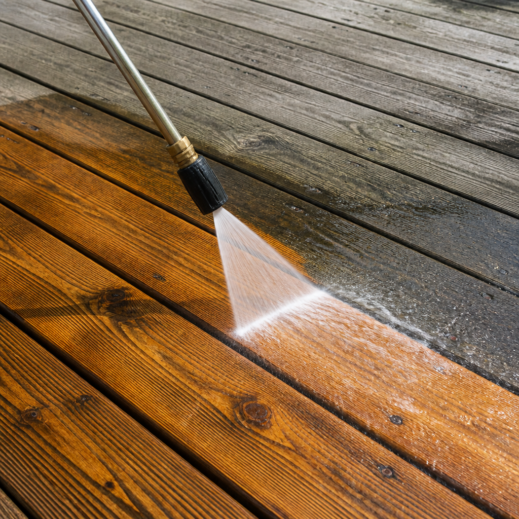 Pressure-washer wand stripping weathered grey wood on an outdoor deck