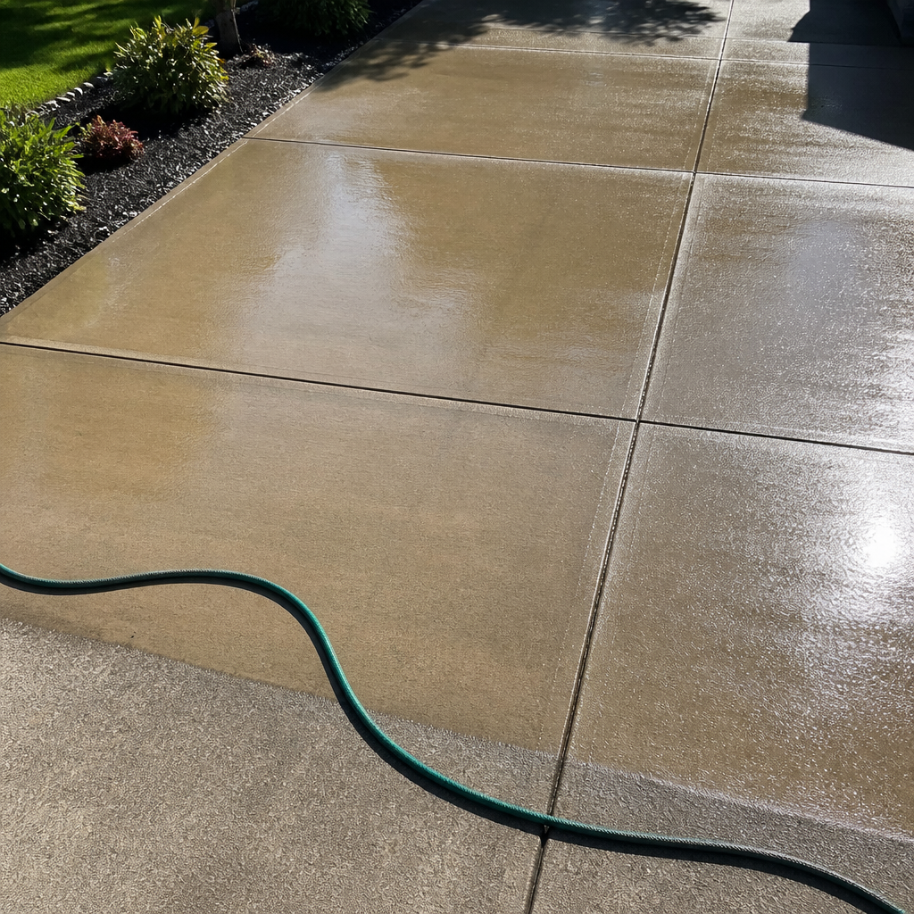 Rotary surface cleaner disc leaving a bright, sharp line through algae-stained concrete