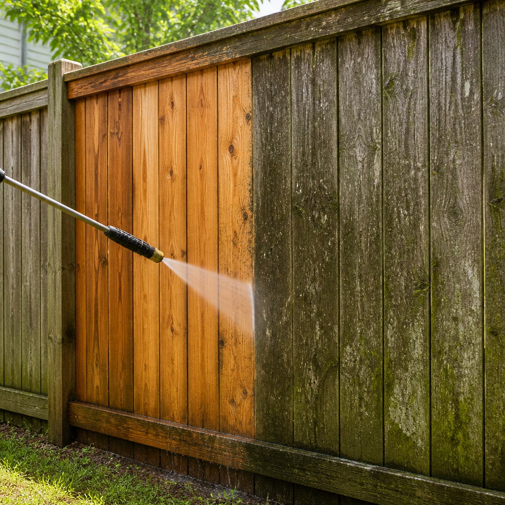 Soft-wash wand cutting a clean line down algae-streaked vinyl siding