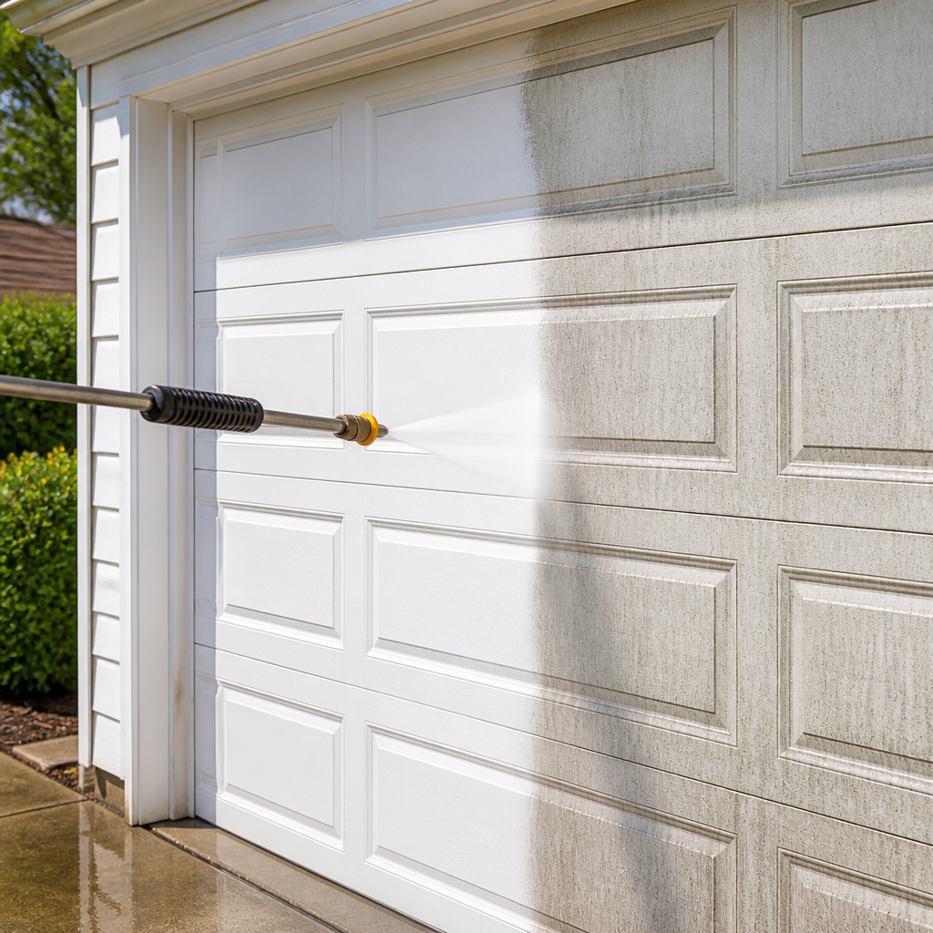 Rotary surface cleaner cutting a bright, sharp line through stained concrete