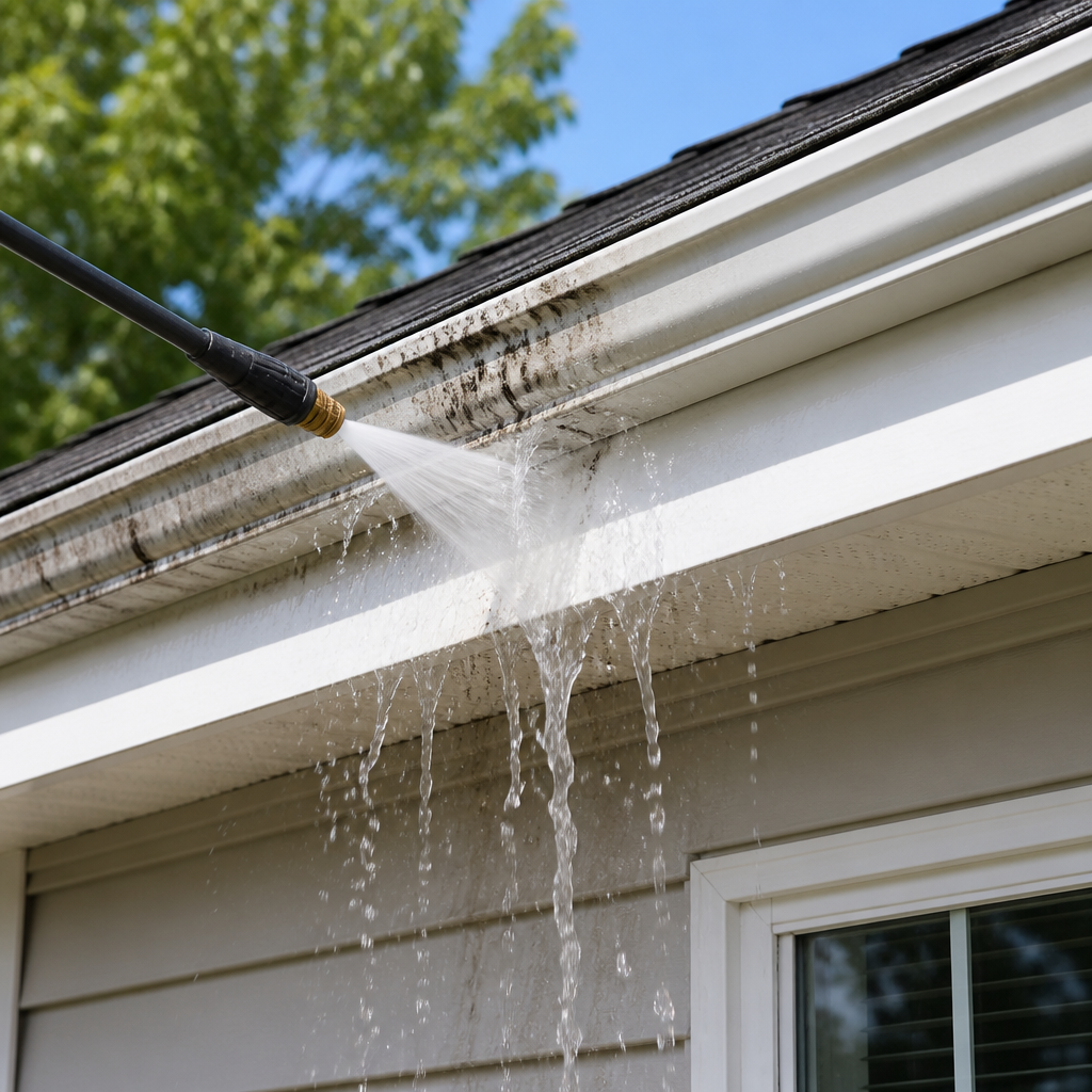 Technician pressure-washing along an elevated deck railing, spray catching the light