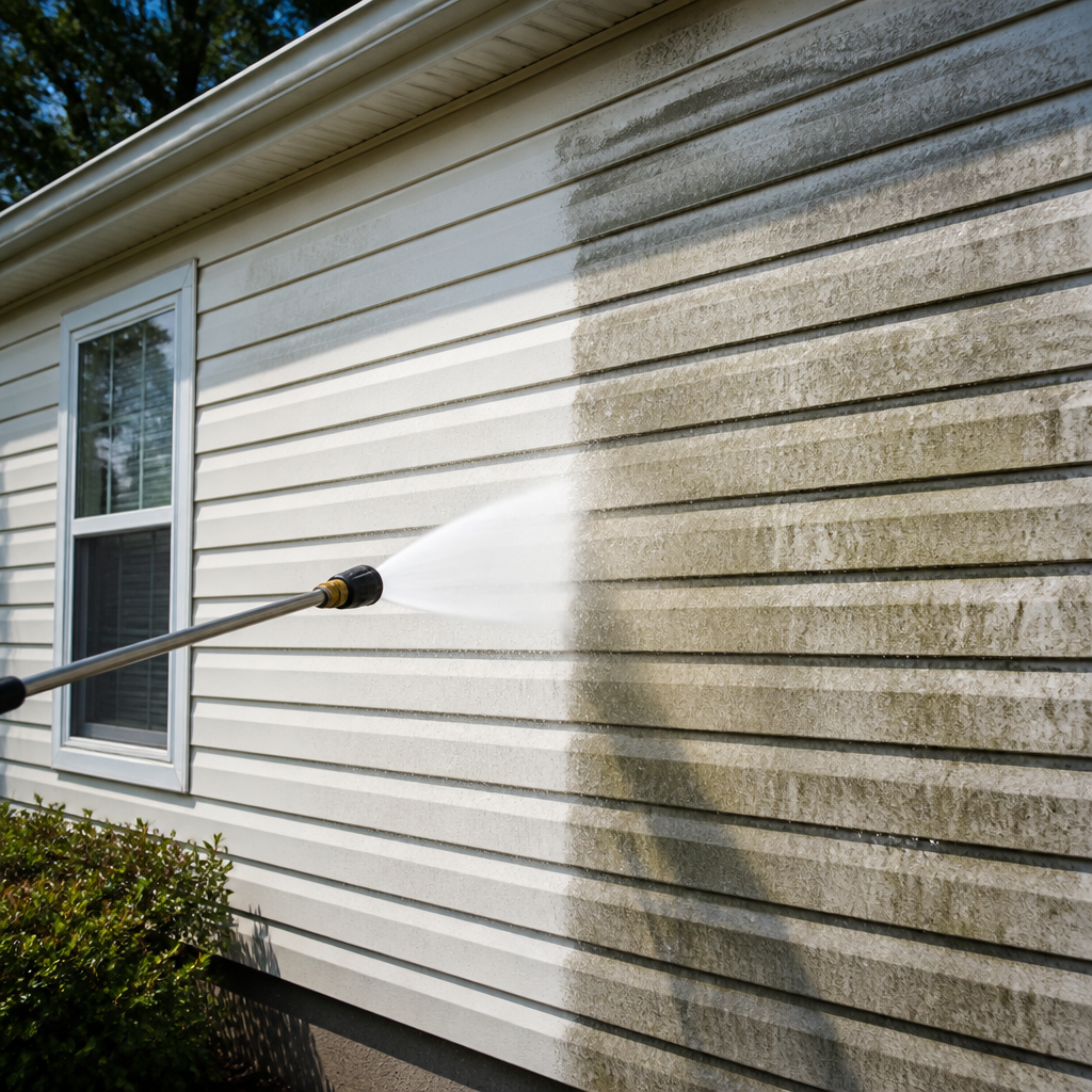 Soft-wash wand cutting a clean line down algae-streaked vinyl siding