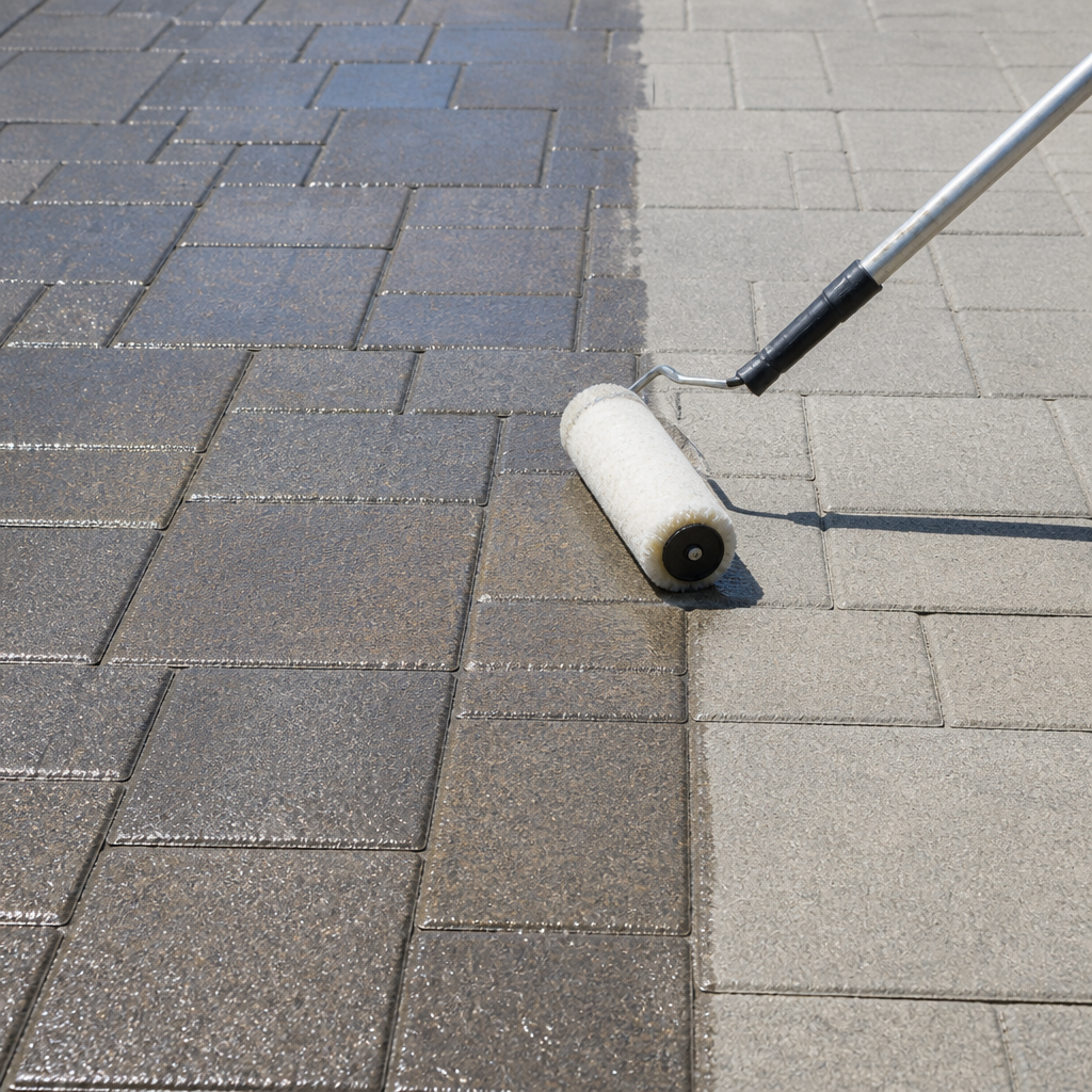 Rotary surface cleaner disc leaving a bright, sharp line through algae-stained concrete