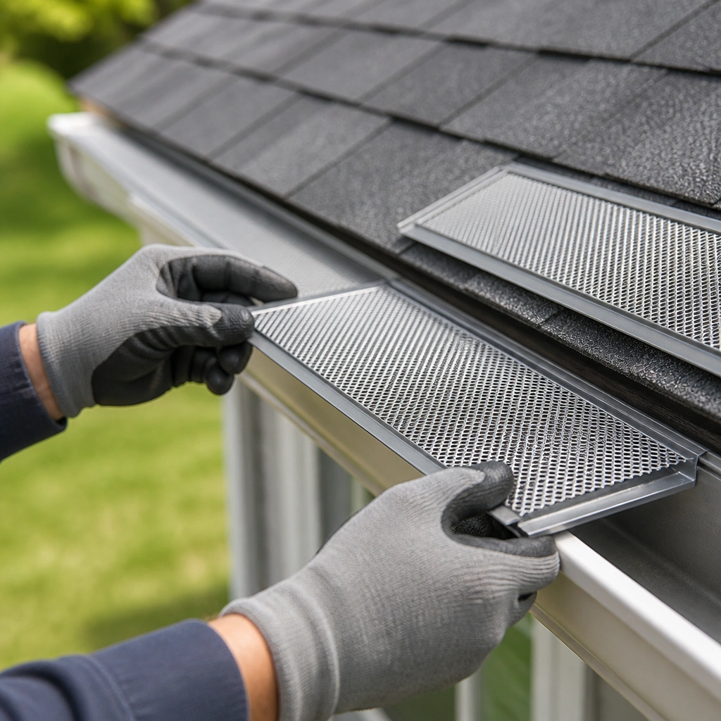 Technicians repairing a storm-damaged section of roofing