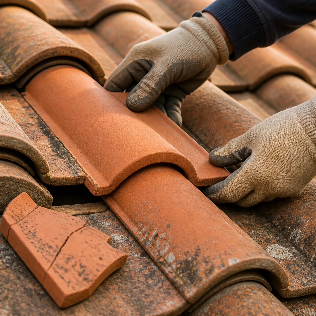 Roofer repairing shingles near a chimney on a residential roof