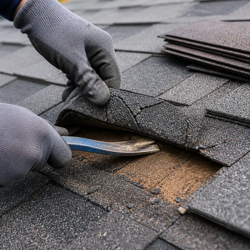 Roofer repairing shingles near a chimney on a residential roof