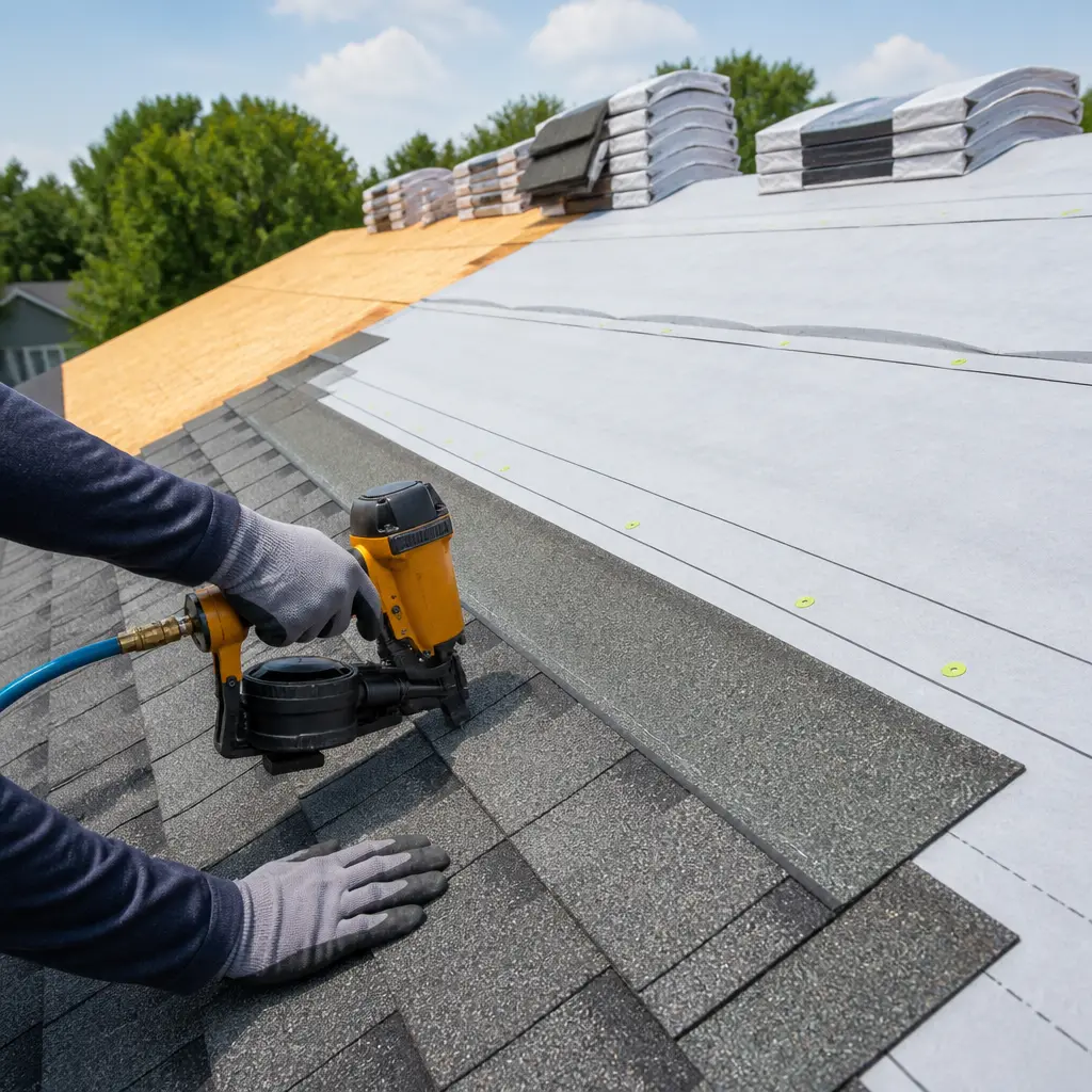 Crew installing new architectural shingles across a roof deck