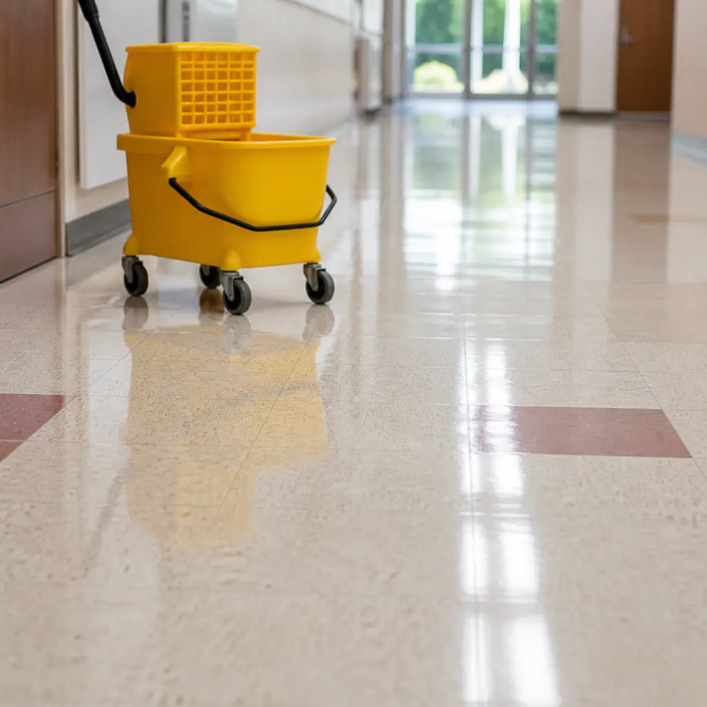 Cleaner wiping down a bright kitchen counter during a recurring visit
