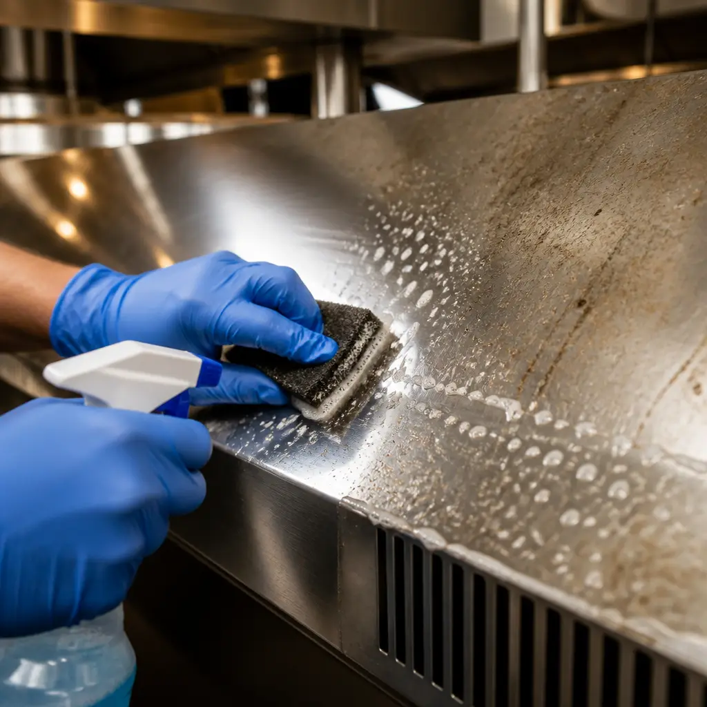 Cleaner wiping down a bright kitchen counter during a recurring visit