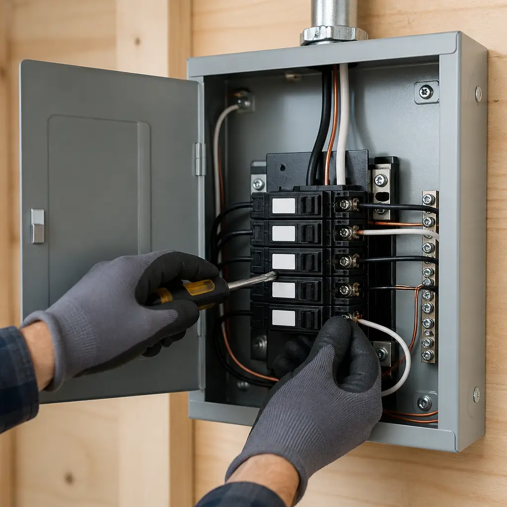 Electrician installing a recessed ceiling light fixture
