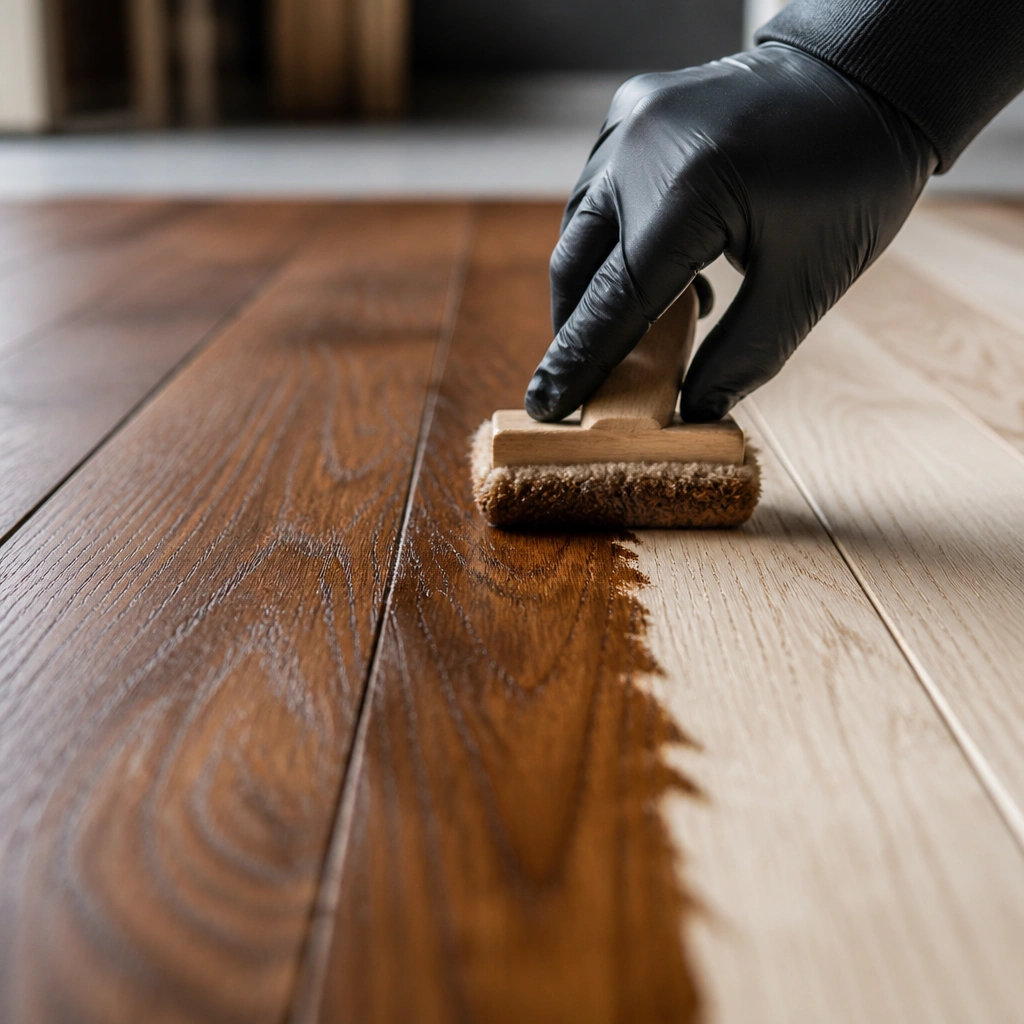 Installer fitting a new solid hardwood plank during installation