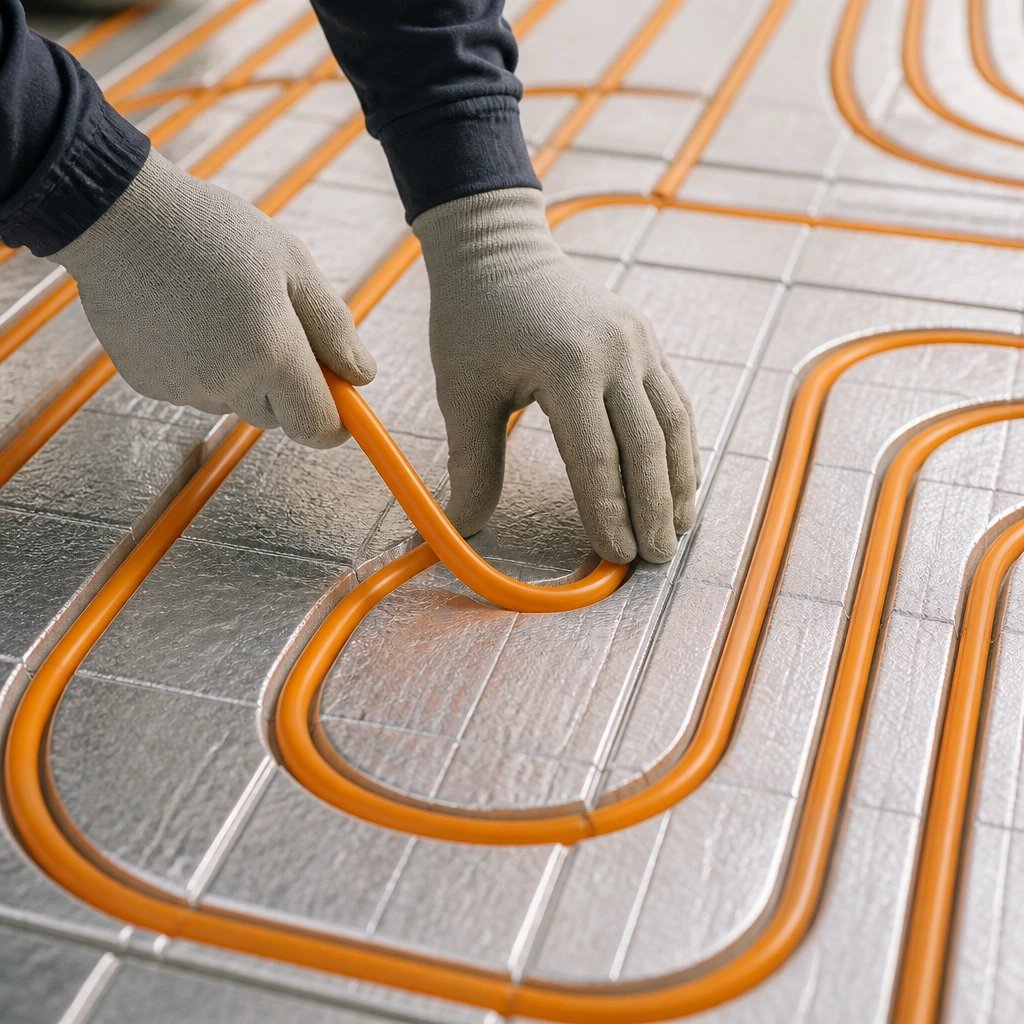 Crew installing commercial-grade flooring in an office space after hours