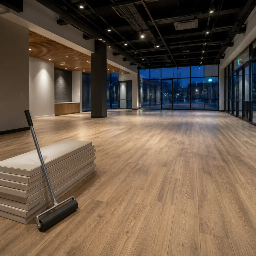 Installer fitting a new solid hardwood plank during installation