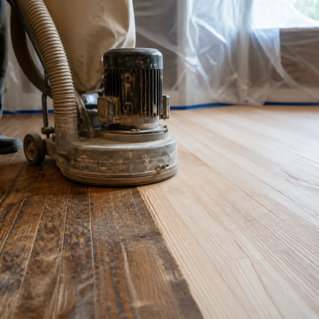 Technician operating a concrete floor polishing machine