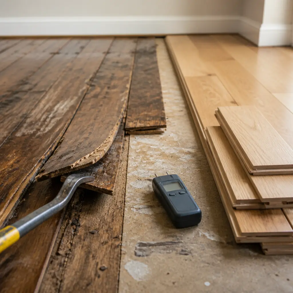Installer clicking a luxury vinyl plank into place over underlayment