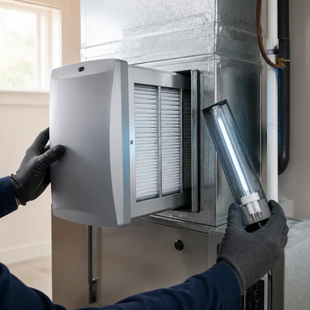 Technician checking refrigerant pressure gauges on an outdoor AC condenser unit