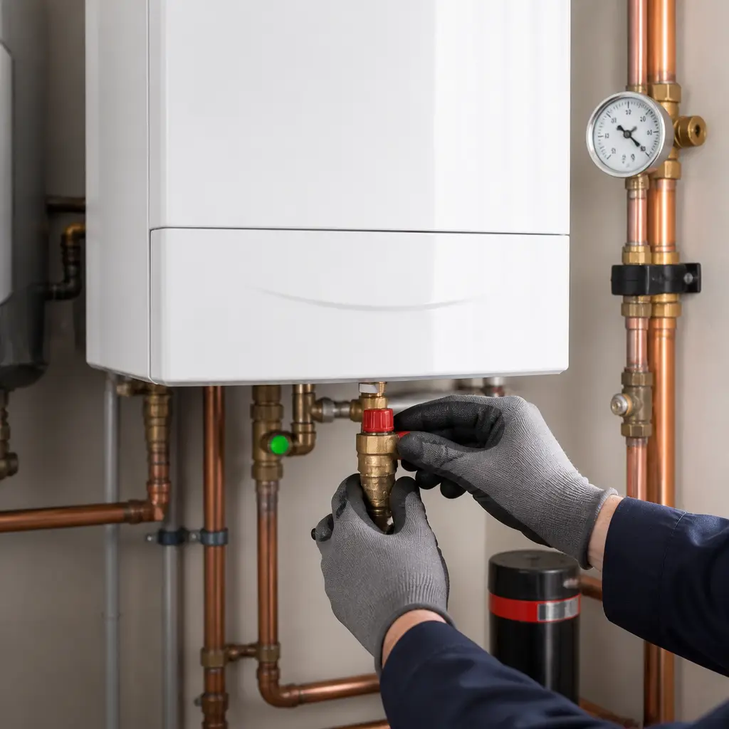 Technician checking refrigerant pressure gauges on an outdoor AC condenser unit