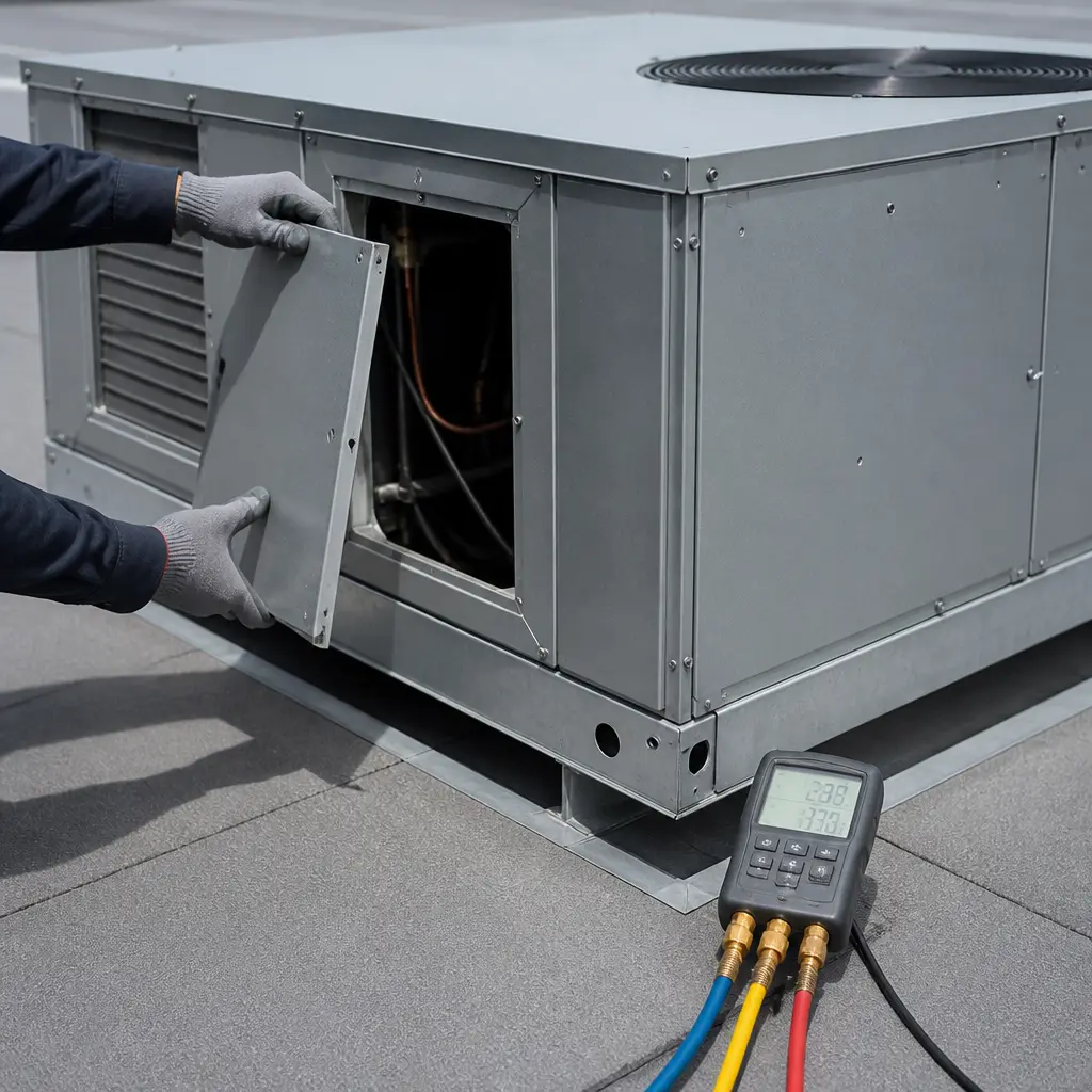 Technician checking refrigerant pressure gauges on an outdoor AC condenser unit