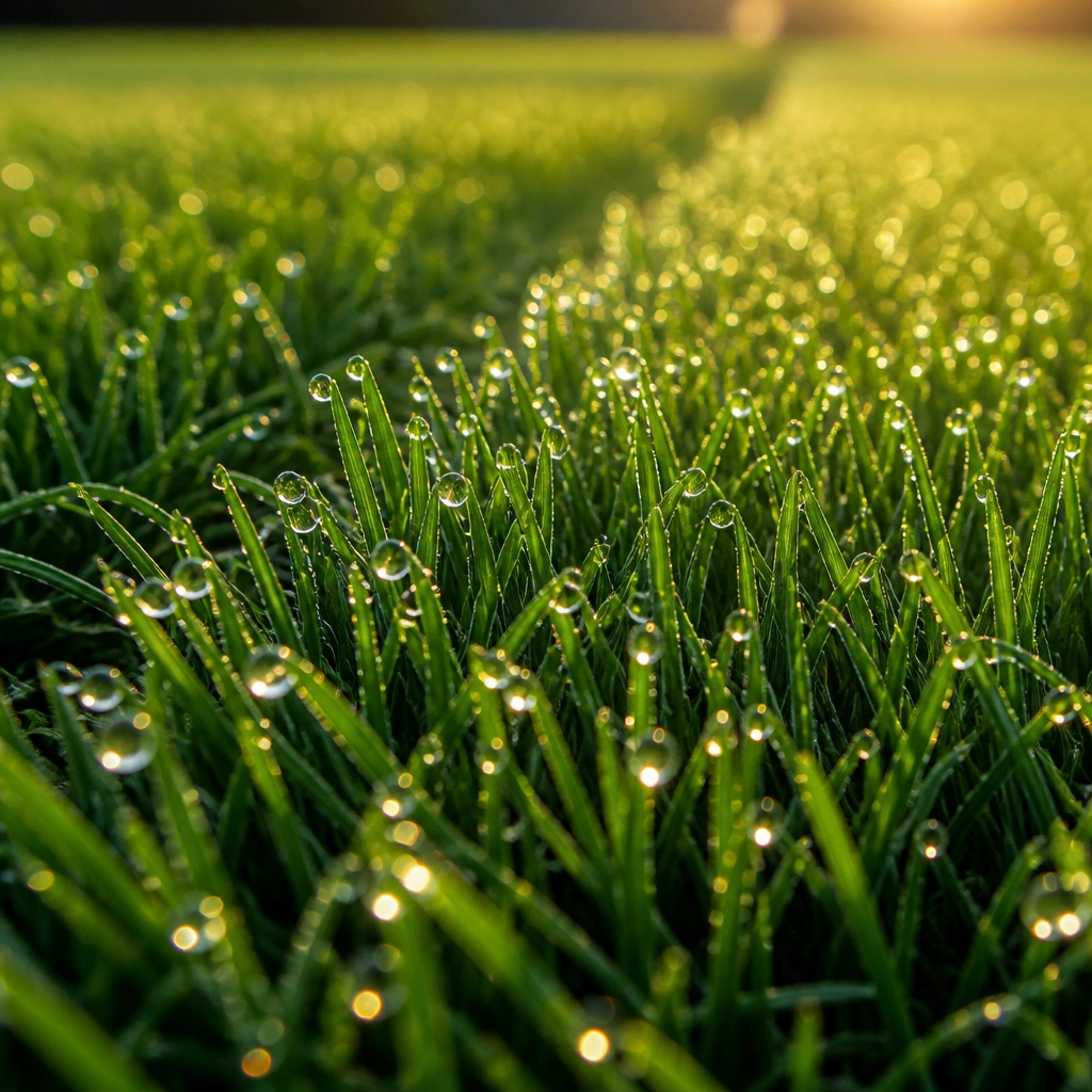 Crew member mowing crisp, even stripes into a healthy lawn