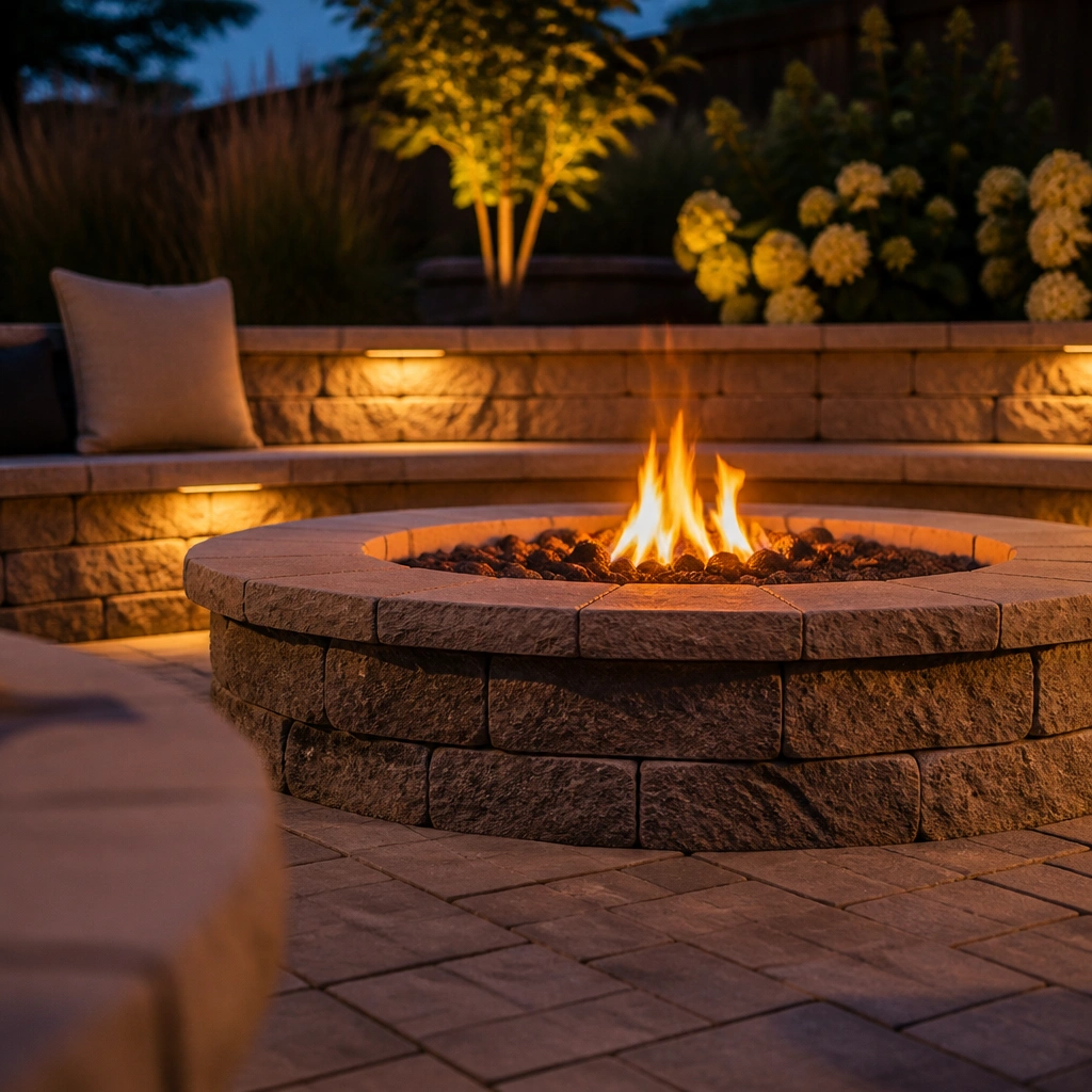 Garden path lit by warm low-voltage landscape lights at dusk