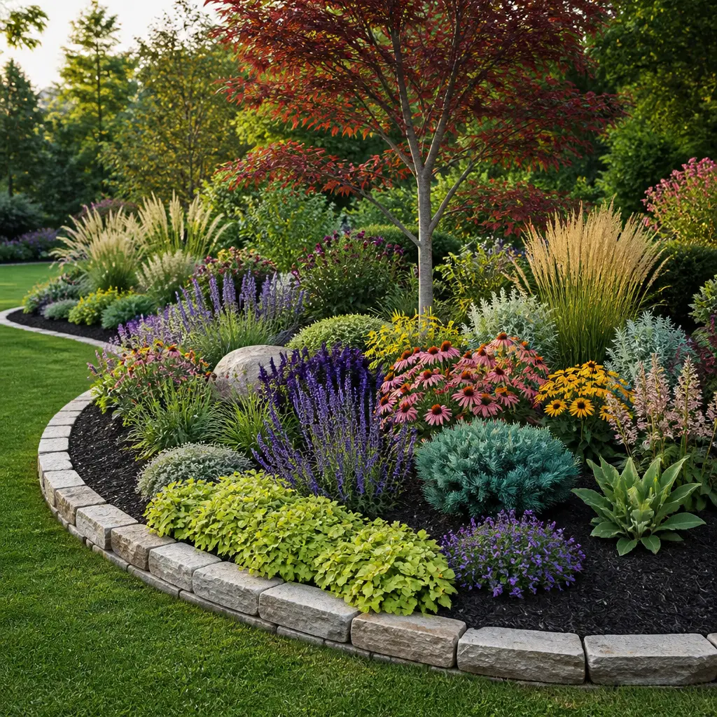 Crew planting flowering perennials in a freshly edged garden bed
