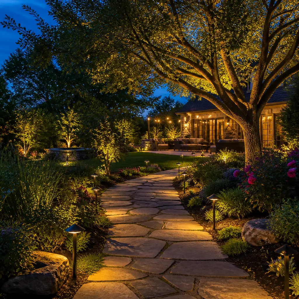 Crew setting natural stone pavers for a backyard patio