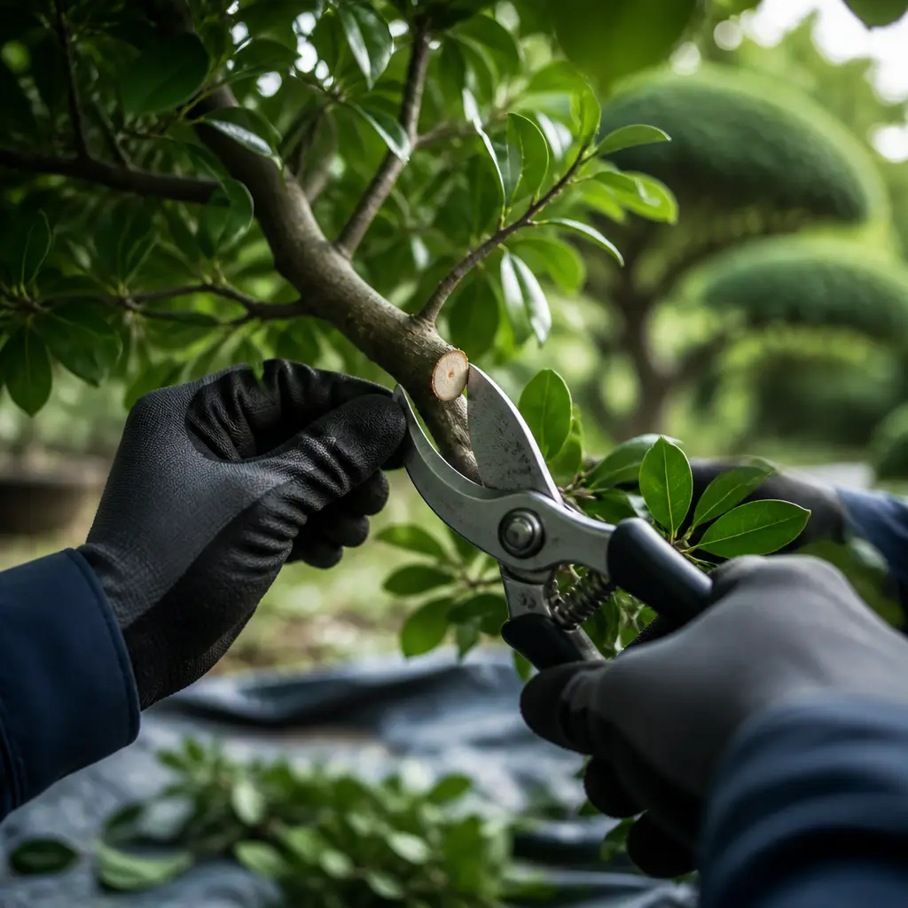 Crew member pruning an ornamental tree with hand shears