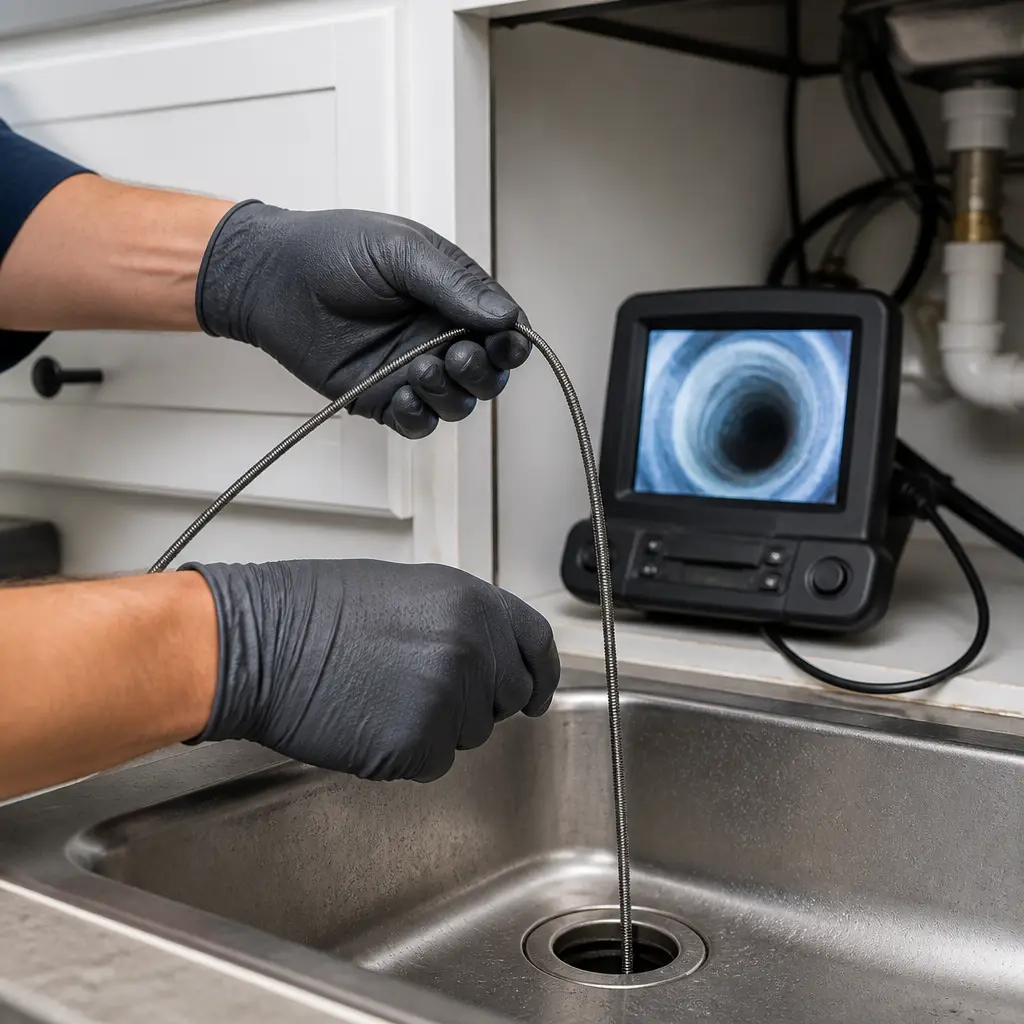 Technician feeding a rooter cable into a residential drain line