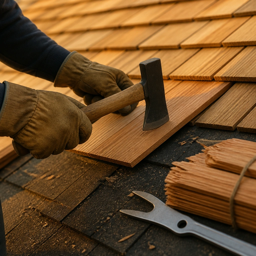 Crew laying underlayment across a wide low-slope roof section